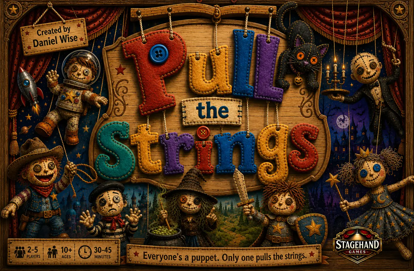 The Pull the Strings box front: felt puppets gathered on a wooden stage beneath the title.