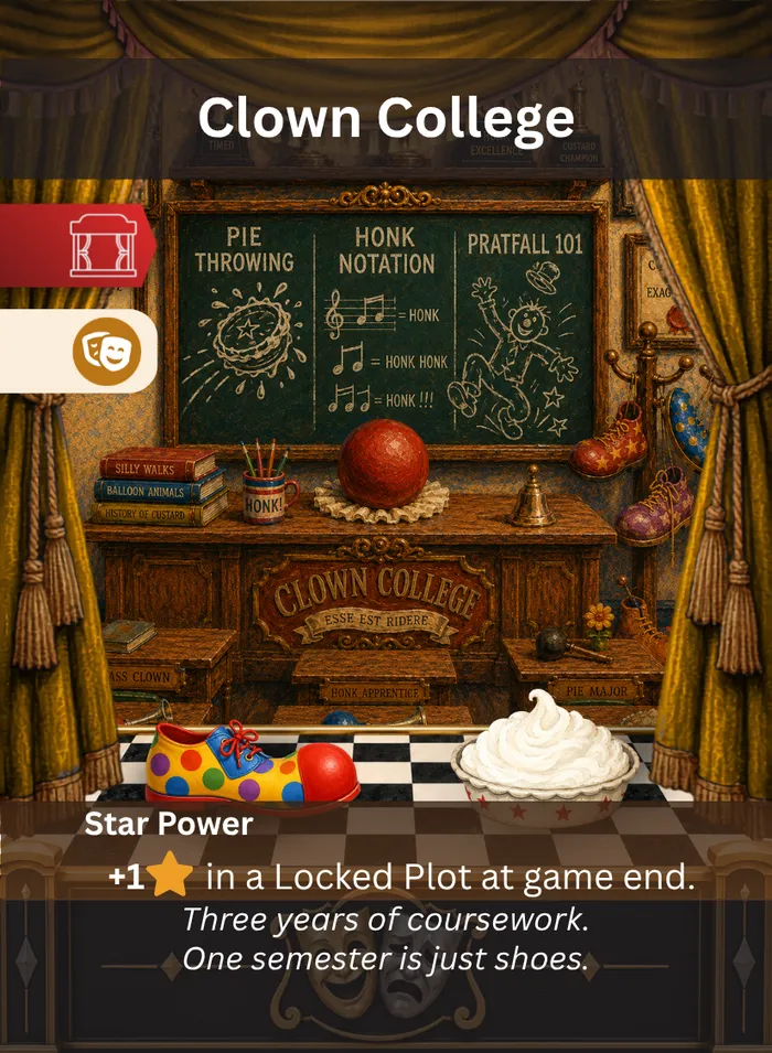 Pull the Strings card: Clown College, a Comedy setting.