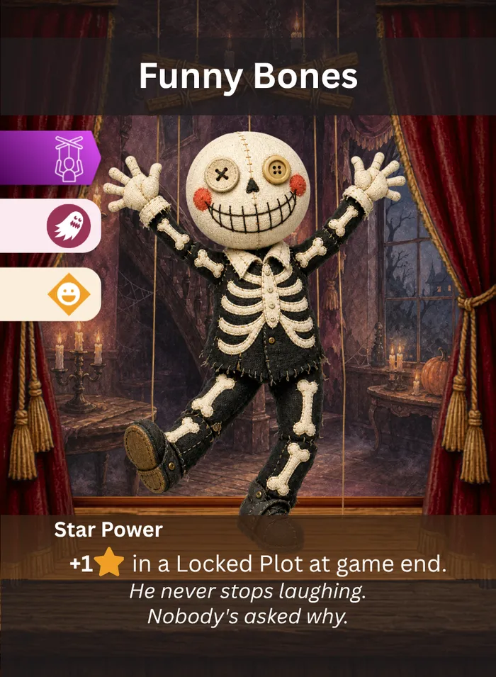Pull the Strings card: Funny Bones, a Horror Comic Relief puppet.