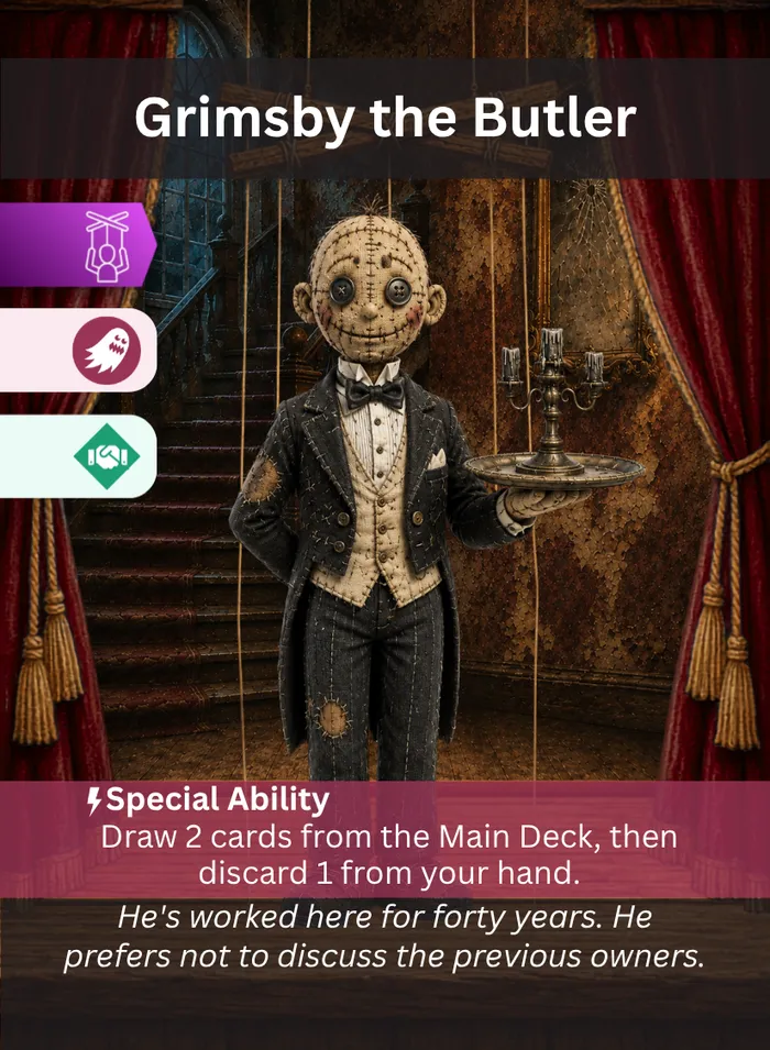 Pull the Strings card: Grimsby the Butler, a Horror Sidekick puppet.