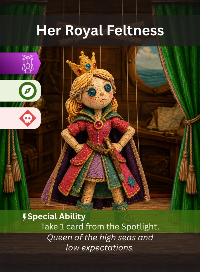 Pull the Strings card: Her Royal Feltness, an Adventure Villain puppet.