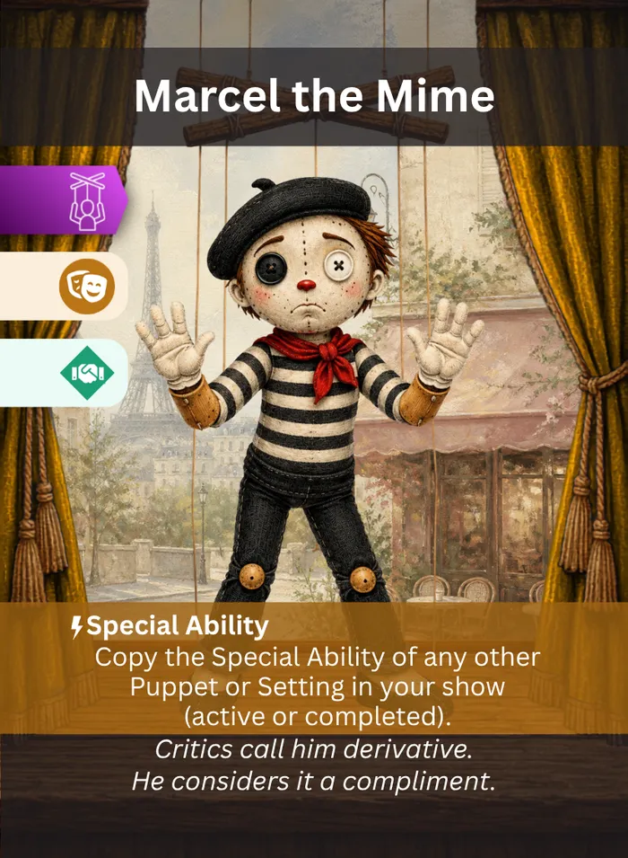 Pull the Strings card: Marcel the Mime, a Comedy Sidekick puppet.