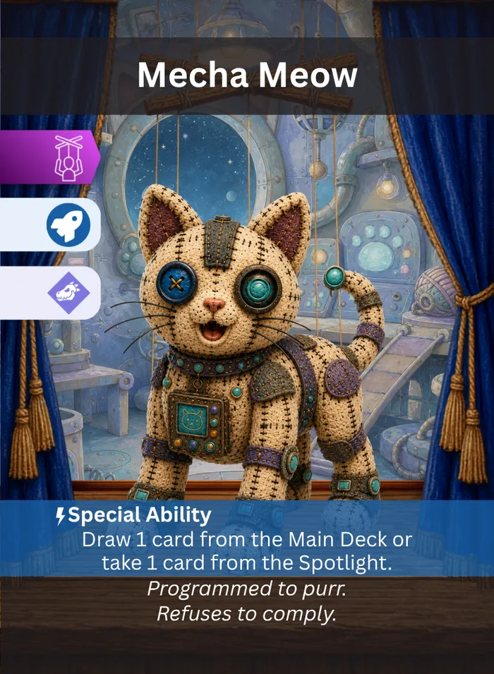 Pull the Strings card: Mecha Meow, a Sci-Fi Creature puppet.