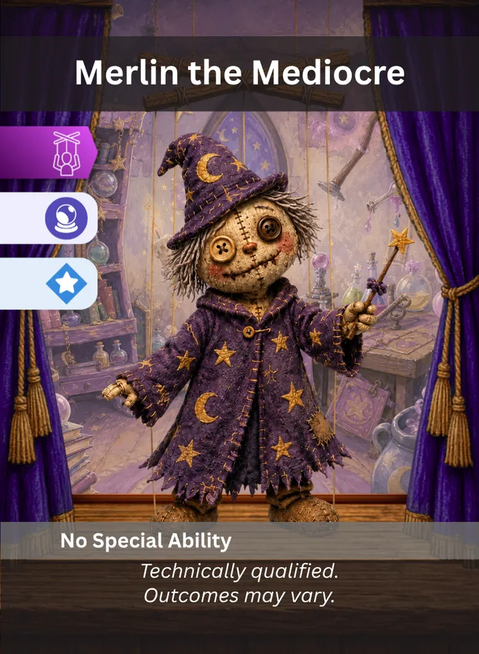 Pull the Strings card: Merlin the Mediocre, a Fantasy Hero puppet.