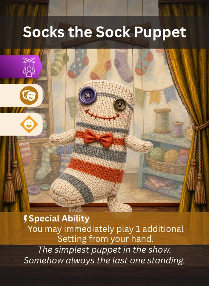 Pull the Strings card: Socks the Sock Puppet, a Comedy Comic Relief puppet.