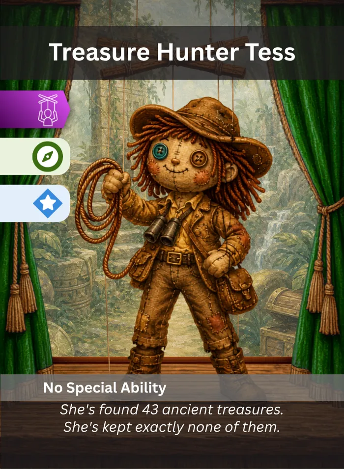 Pull the Strings card: Treasure Hunter Tess, an Adventure Hero puppet.