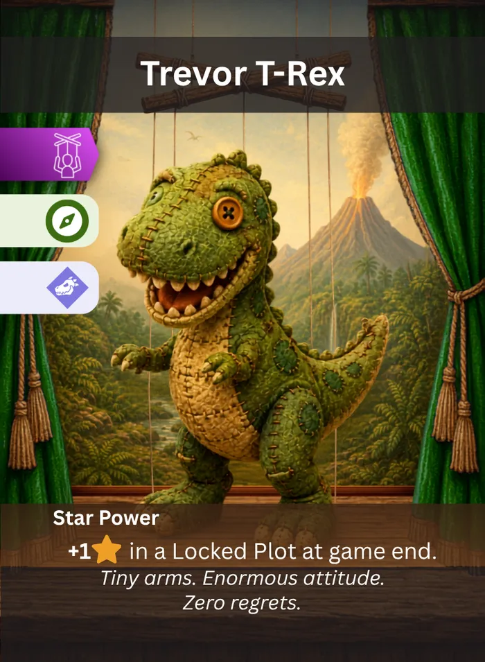 Pull the Strings card: Trevor T-Rex, an Adventure Creature puppet.