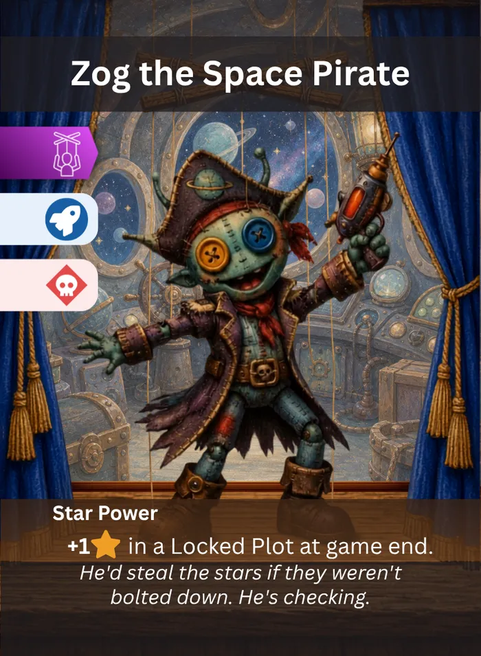 Pull the Strings card: Zog the Space Pirate, a Sci-Fi Villain puppet.